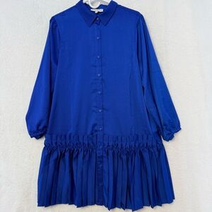 TAYLOR TILLMAN Mini Dress Womens M Royal Blue Pleated Collared Button Down Chic